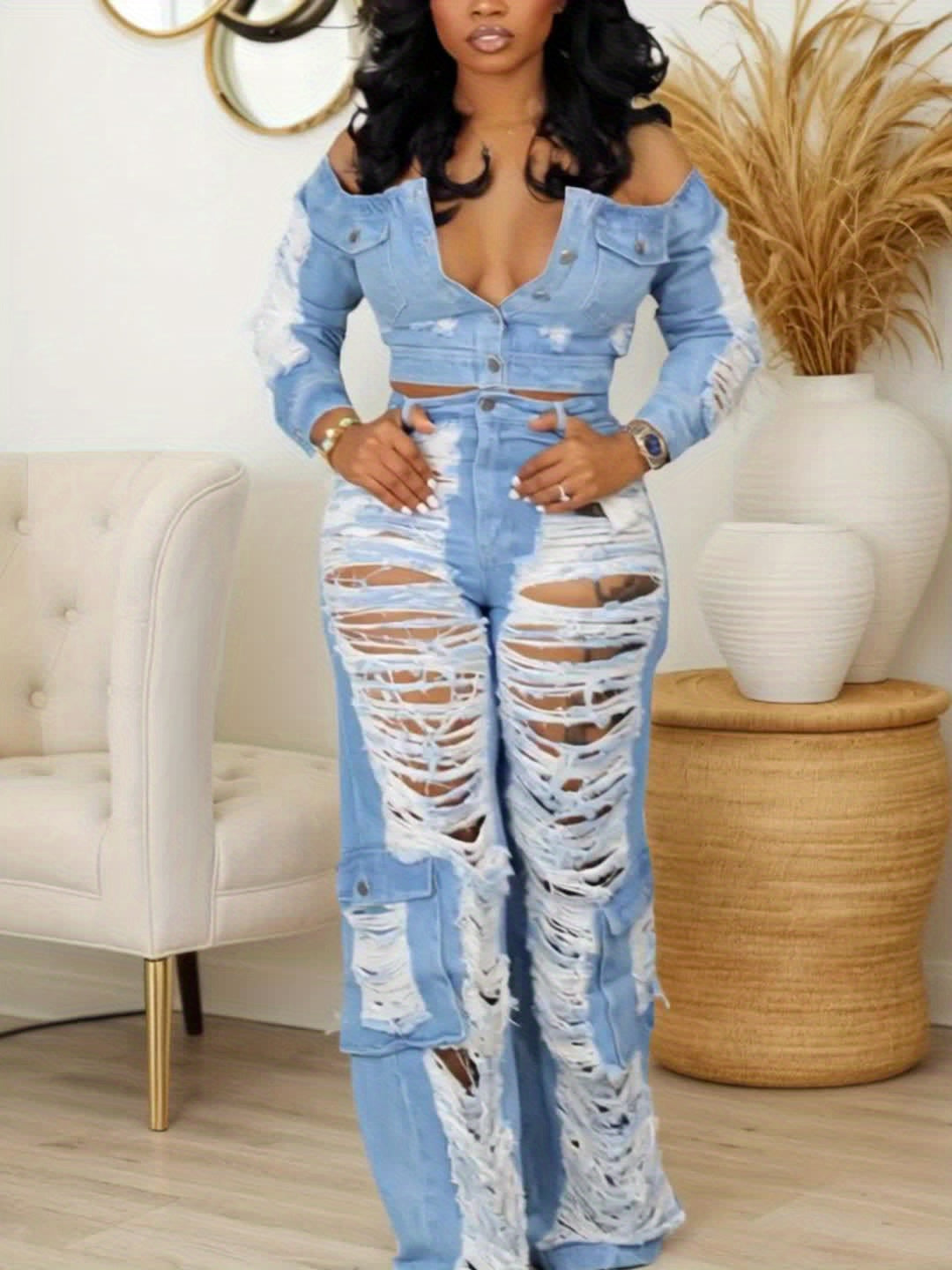 FZ Women's High-Rise Distressed Ripped Hole Denim Pants