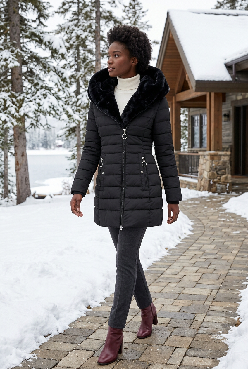 Black coat styled at a snowy lakeside lodge