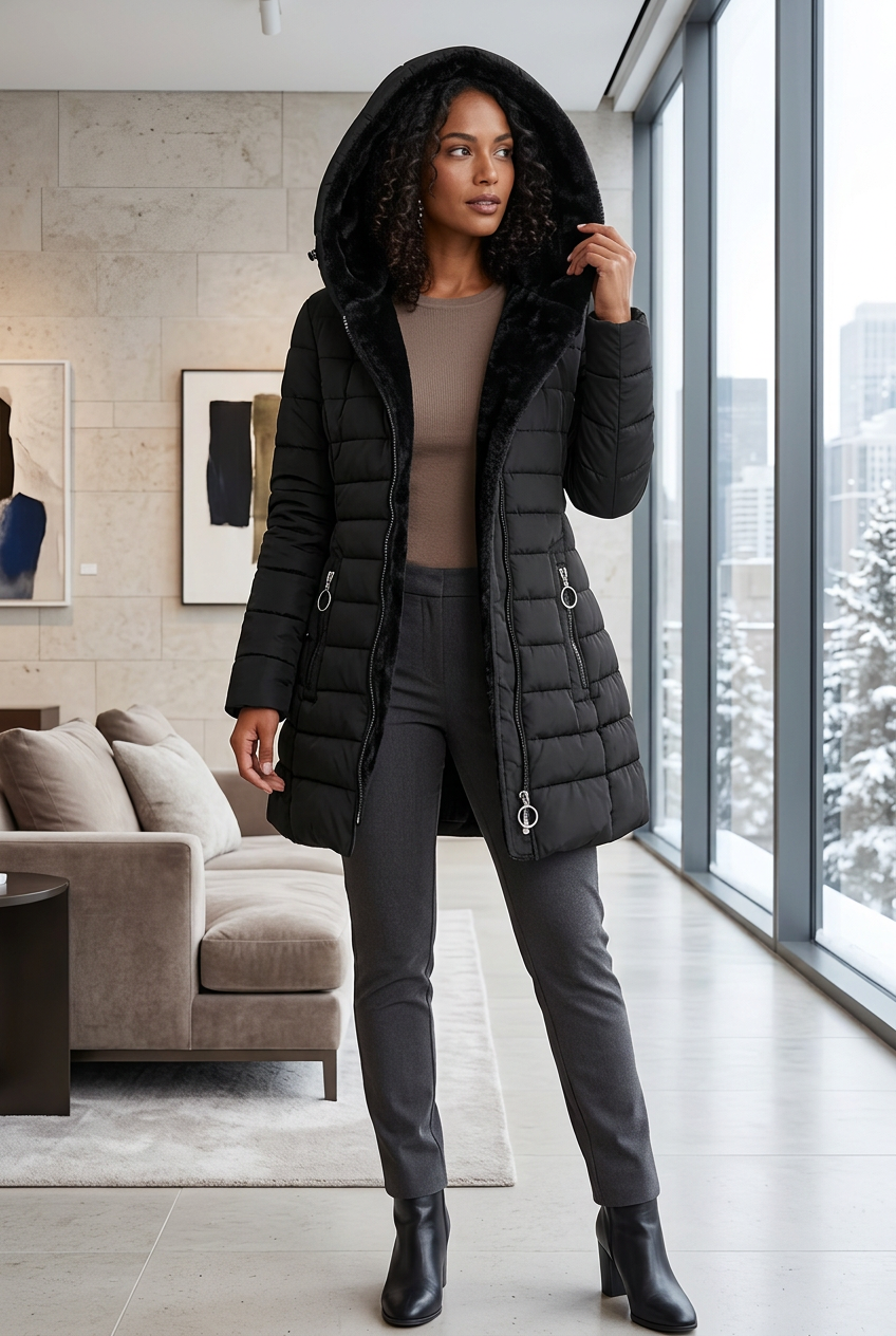 Black coat styled in a winter art gallery lounge