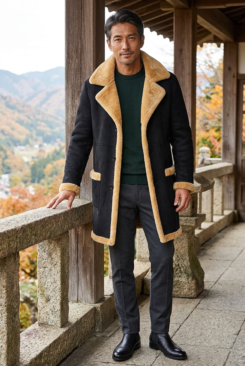 Black coat styled on a hillside tea-house terrace