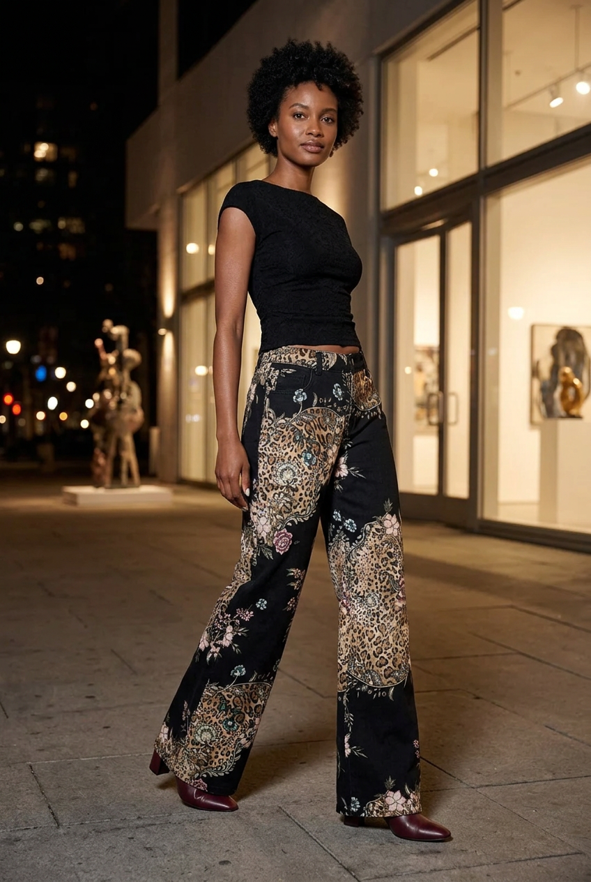 Black evening top and burgundy boots outside an art gallery