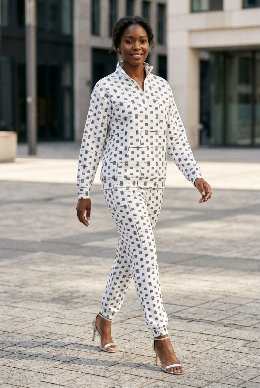 Black female model walking across a plaza in silver heels