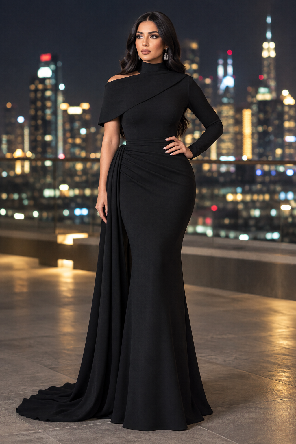 Black gown on a night rooftop