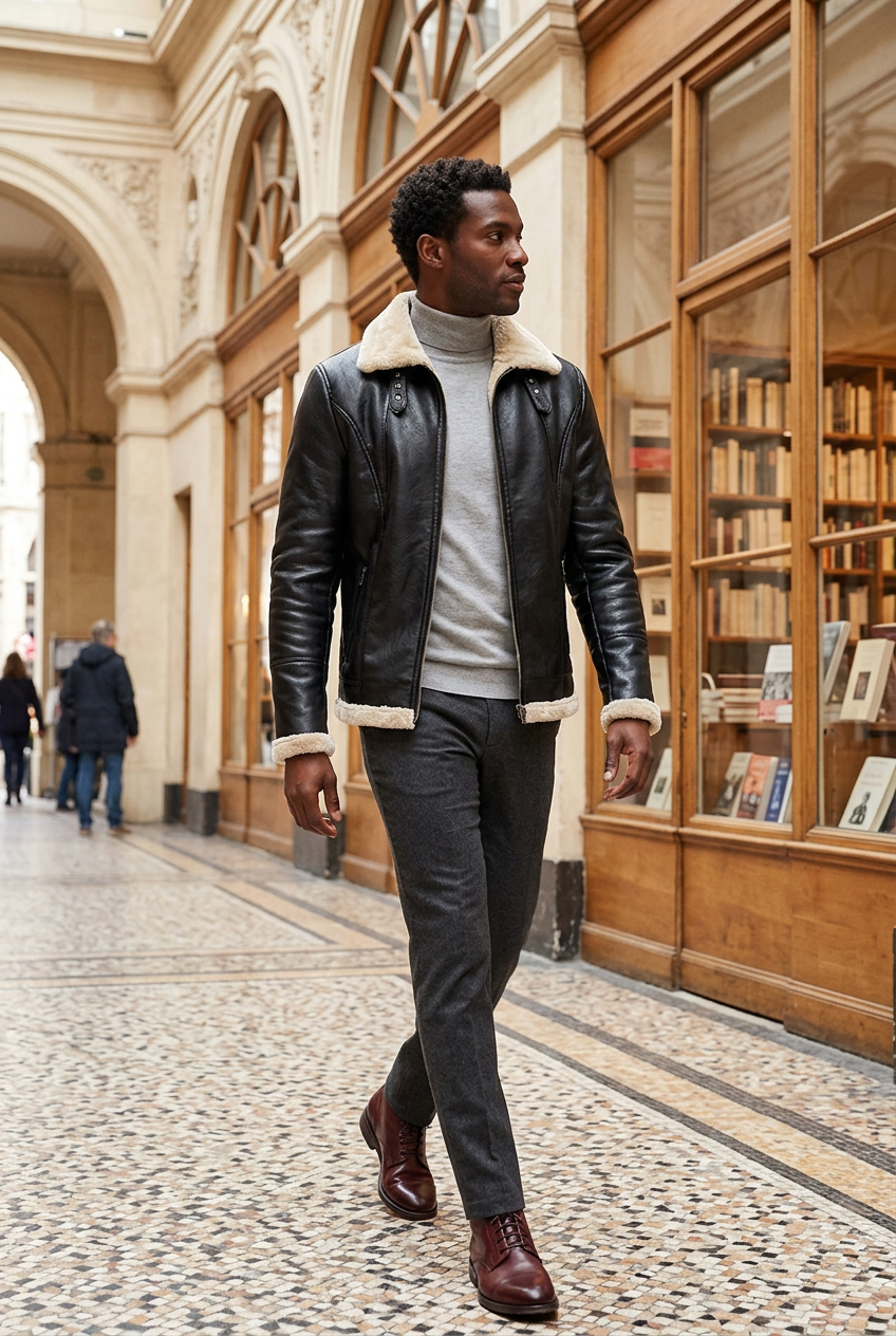 Black jacket styled in a stone bookshop arcade