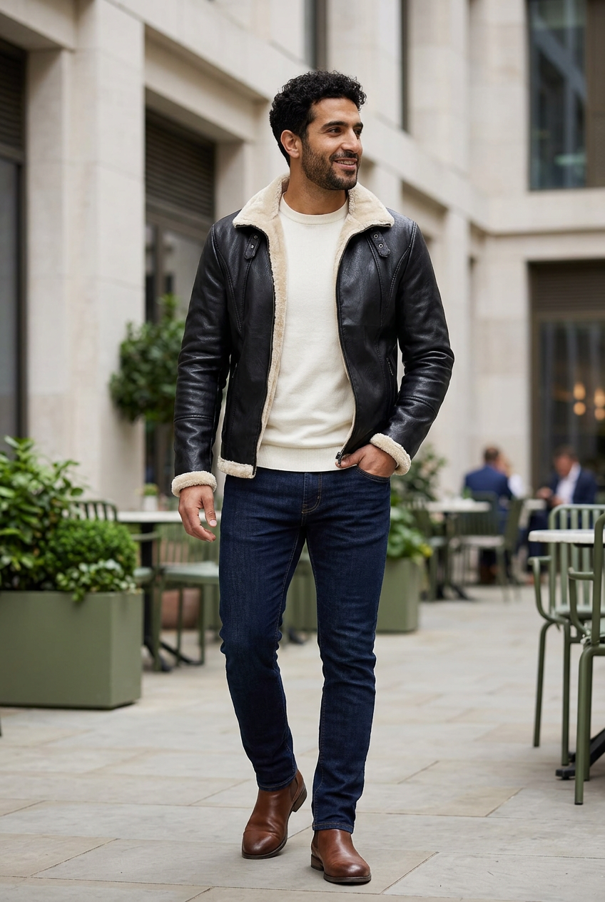 Black jacket styled outside an urban courtyard café