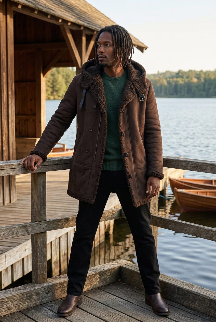 Black male model resting his forearm on a lakeside railing