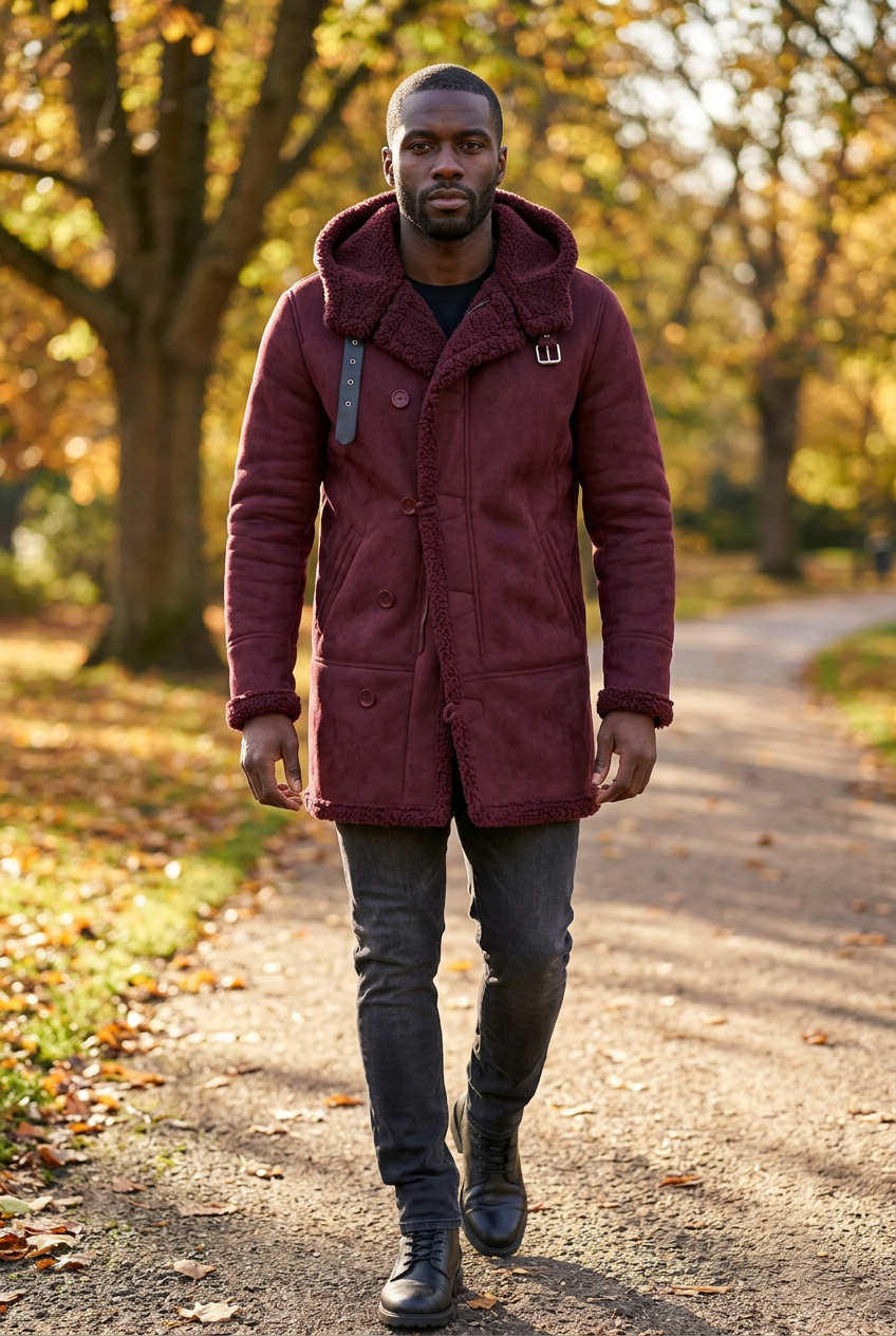 Black male model walking in an autumn park wearing the burgundy coat