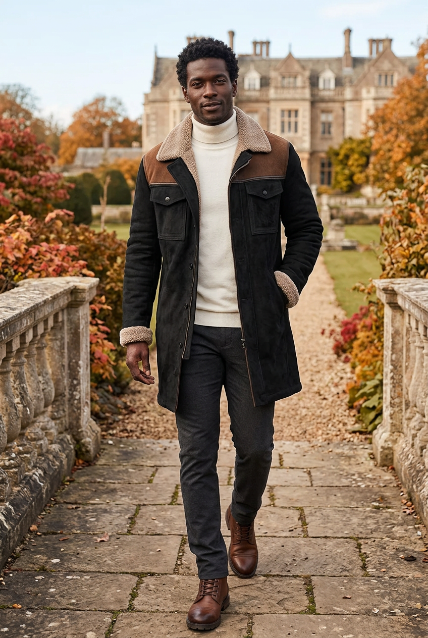 Black male model wearing the coffee-colorway coat on an estate stone bridge