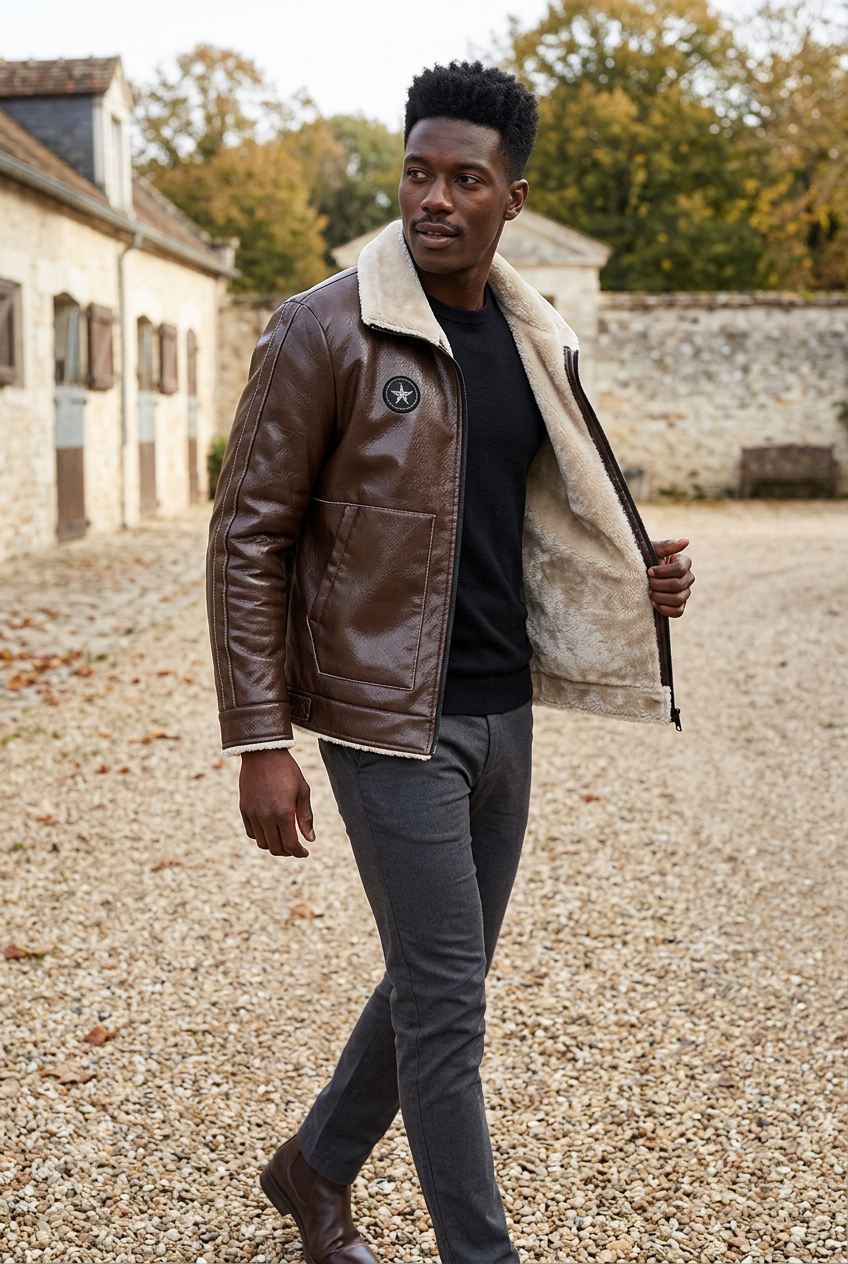 Black male model wearing the dark-brown cream-lined jacket in an estate courtyard