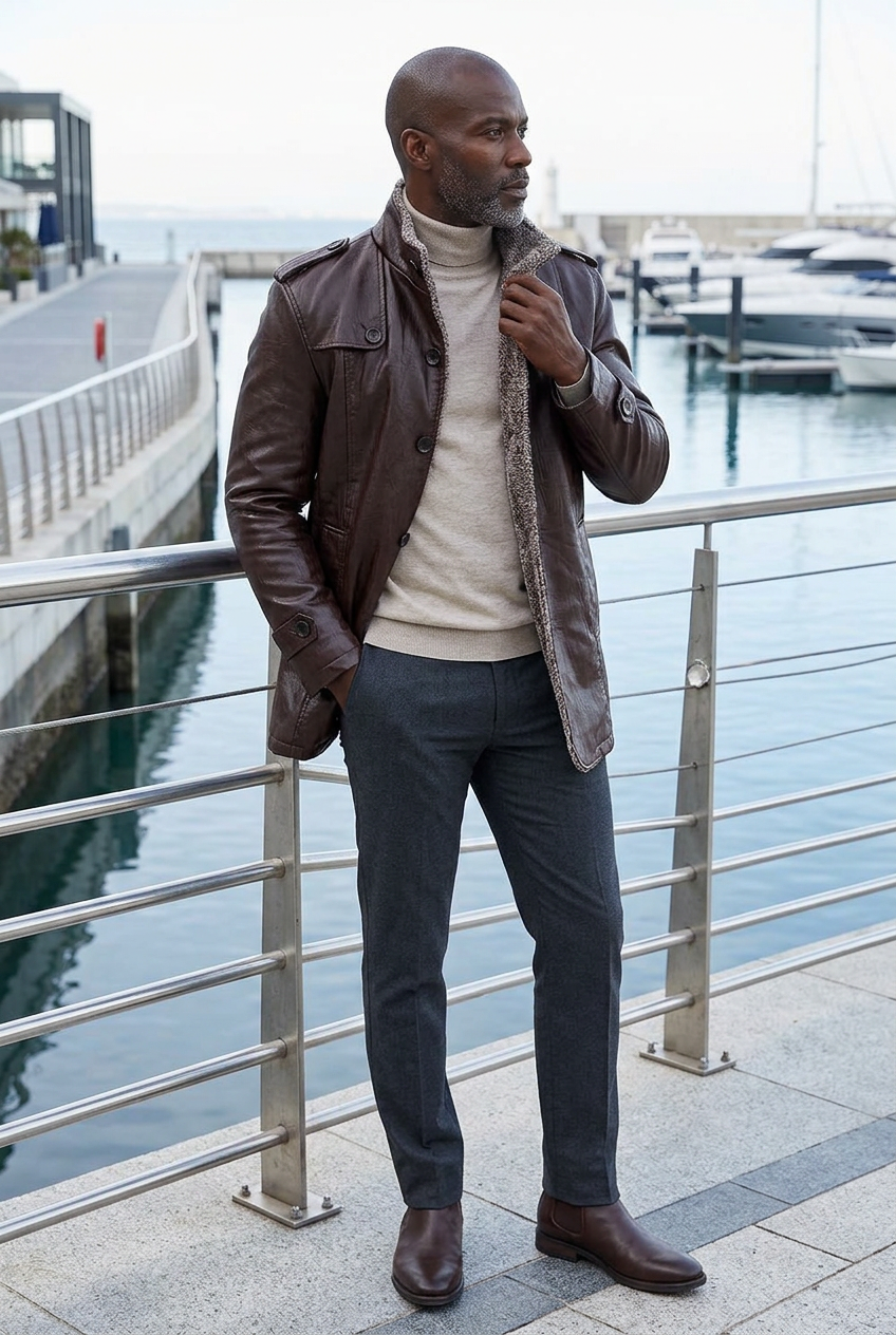 Black male model wearing the dark-brown jacket on a harbor promenade