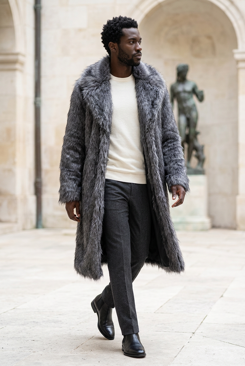 Black male model wearing the dark-gray coat in a sculpture courtyard
