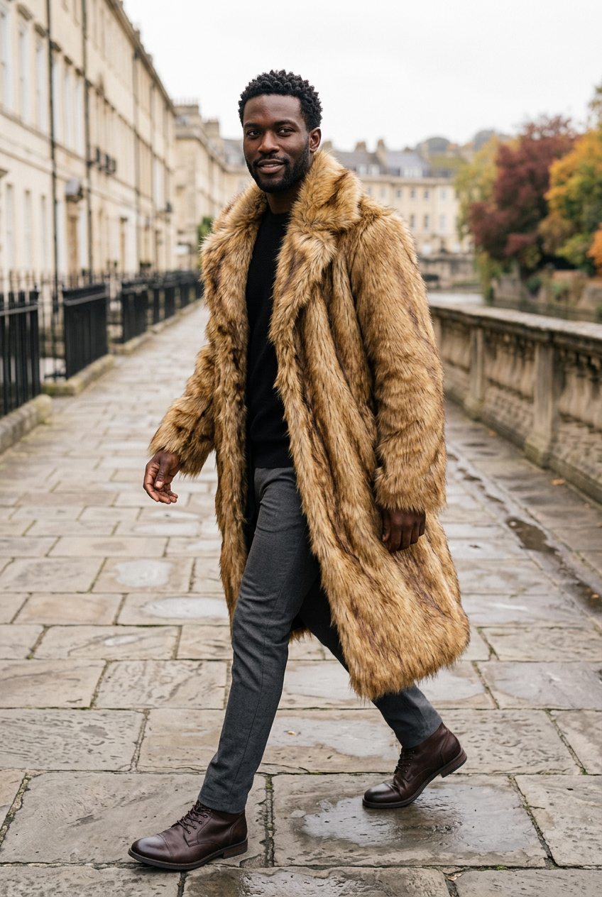 Black male model wearing the golden-brown coat on a riverside promenade
