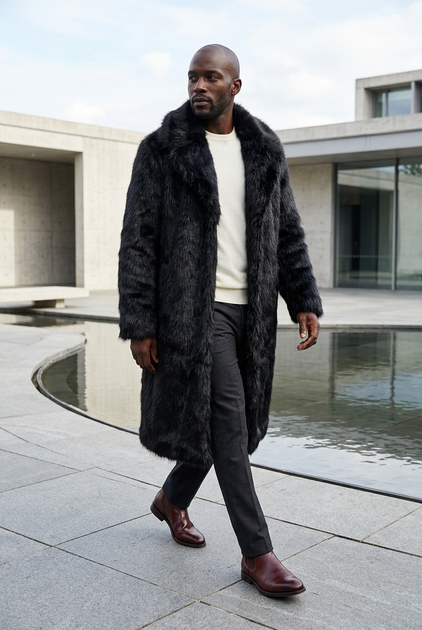 Black male model wearing the long black coat beside a courtyard reflecting pool