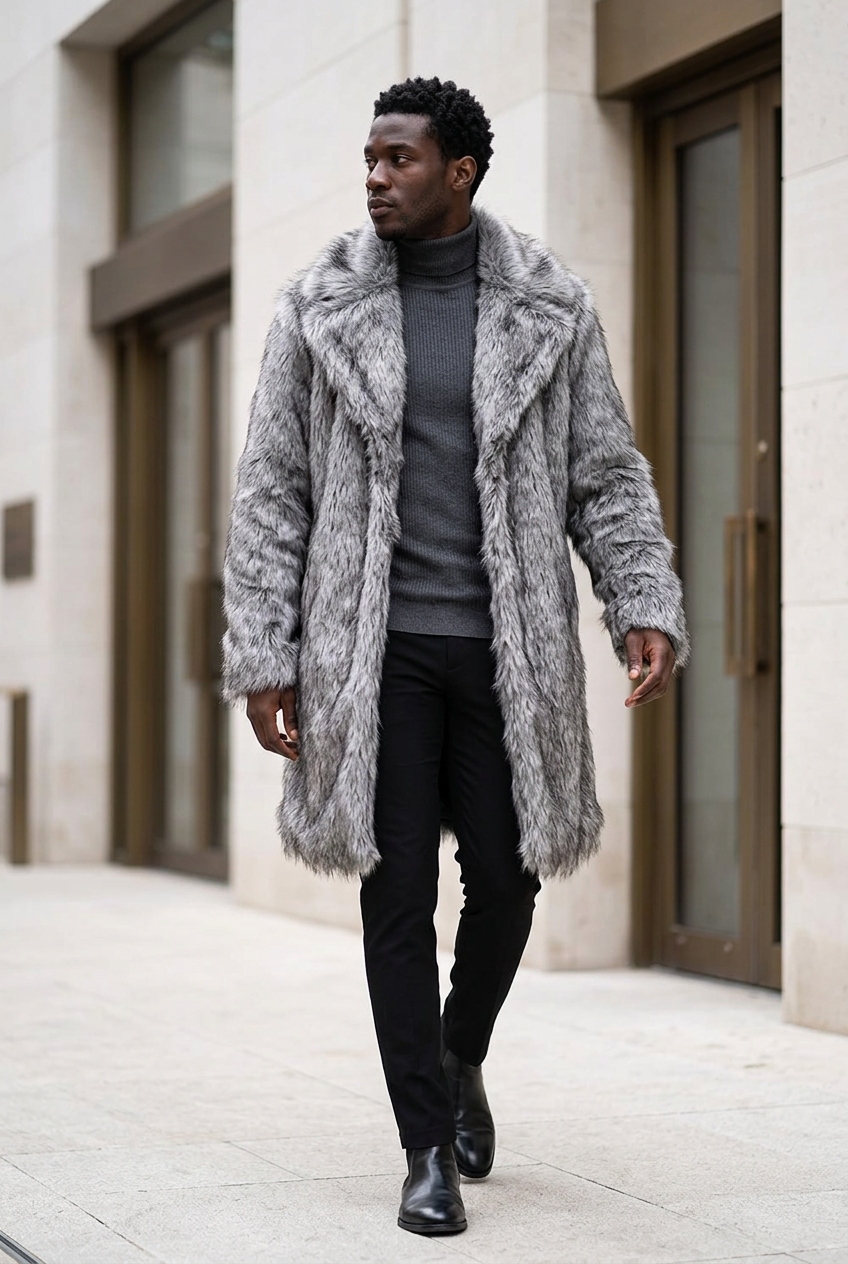 Black male model wearing the silver-gray coat outside a modern gallery