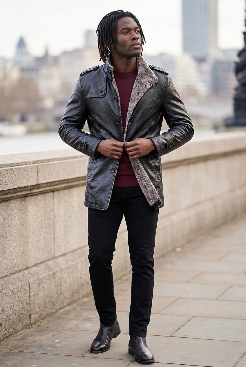 Black male model wearing the slim-fitted black PU leather jacket on a riverside bridge