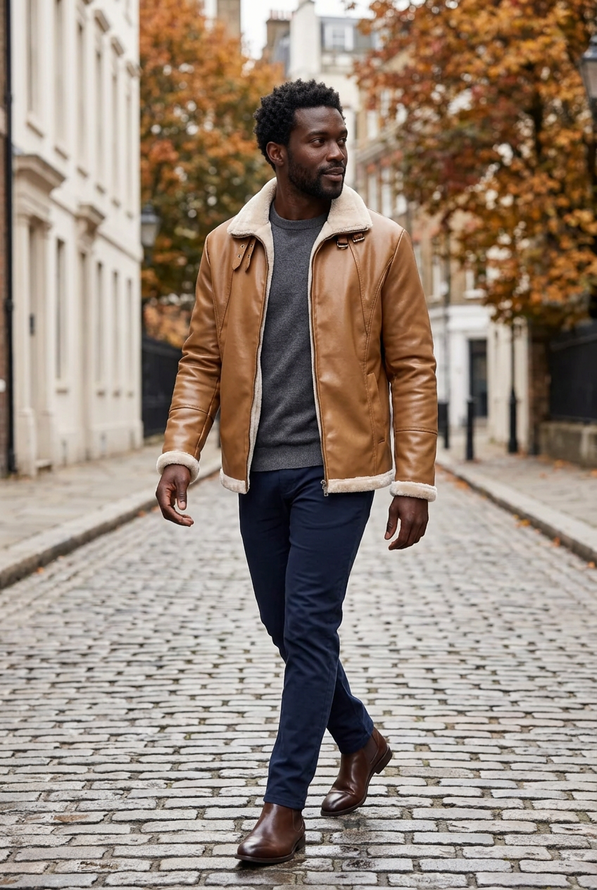 Black male model wearing the tan jacket on a cobbled city lane