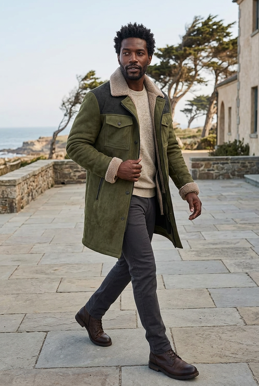 Black male model wearing the two-tone olive coat in a coastal estate courtyard
