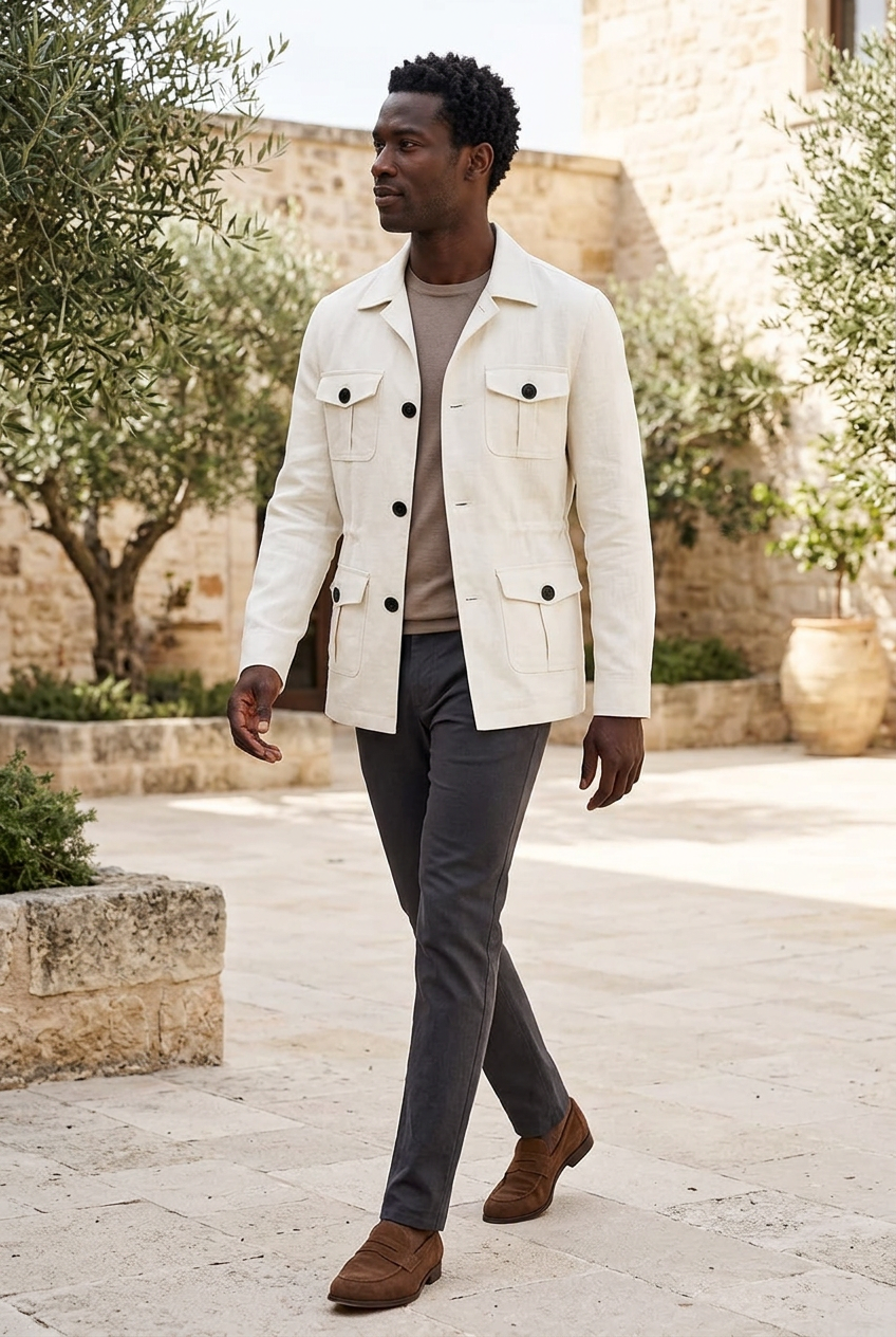 Black male model wearing the white cargo jacket in a Mediterranean courtyard