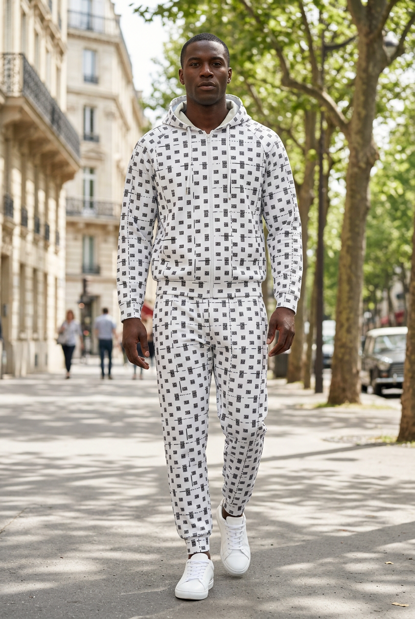 Black male walking along a tree-lined city avenue