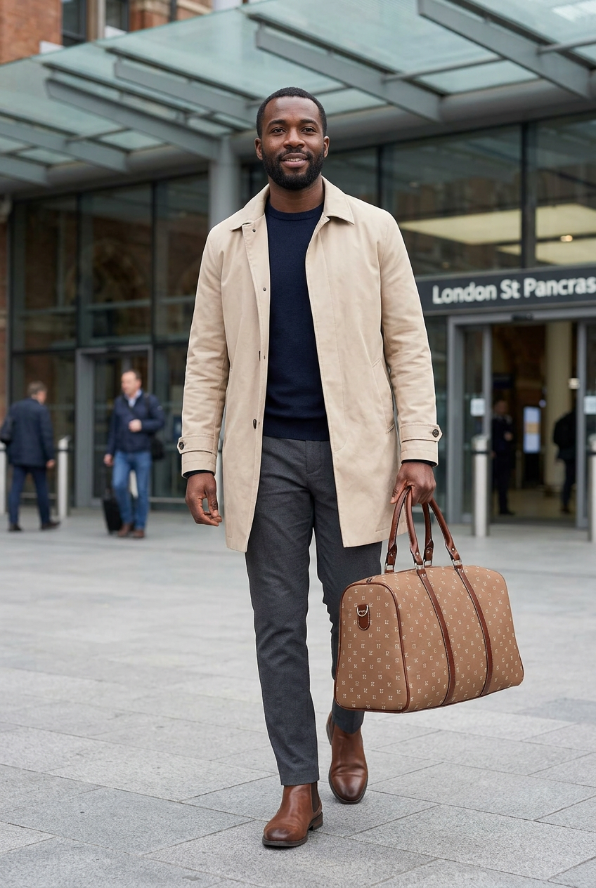 Black man carrying the bag outside a train station