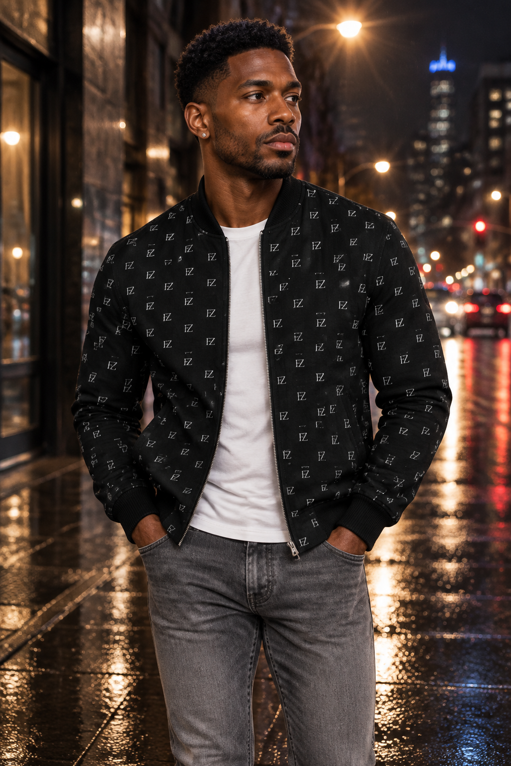 Black man in the black FZ bomber on a rainy night street