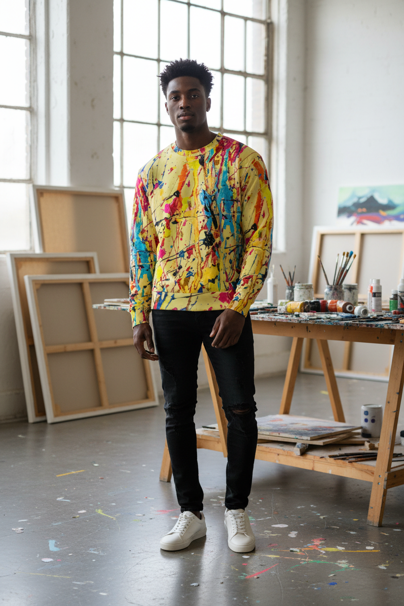 Black man in yellow paint splatter sweatshirt, art studio setting
