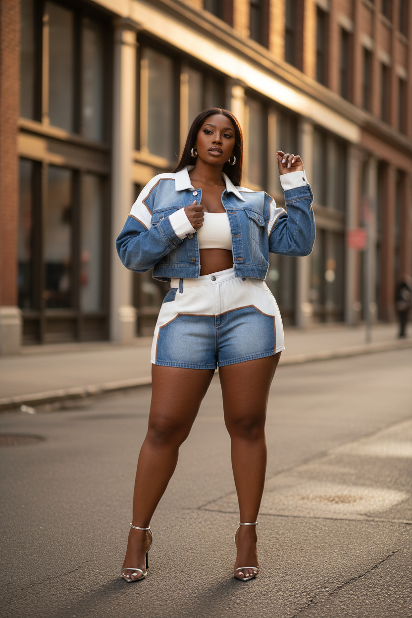 Black model in colorblock denim set