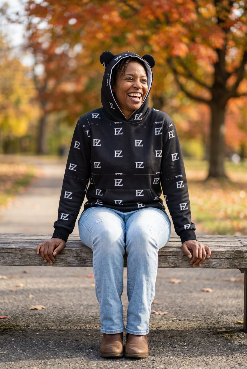 Black model seated in an autumn park