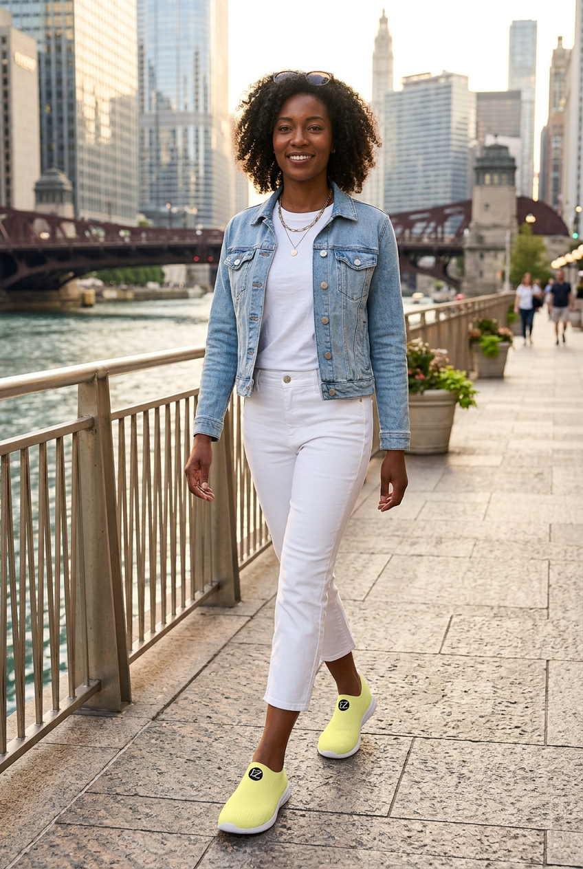 Black model walking along a riverwalk