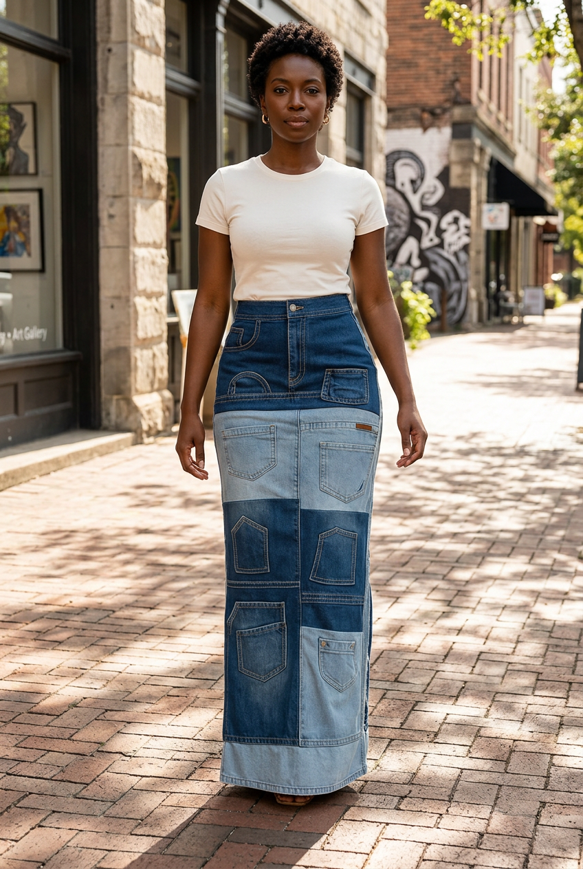 Black model walking along an arts-district sidewalk