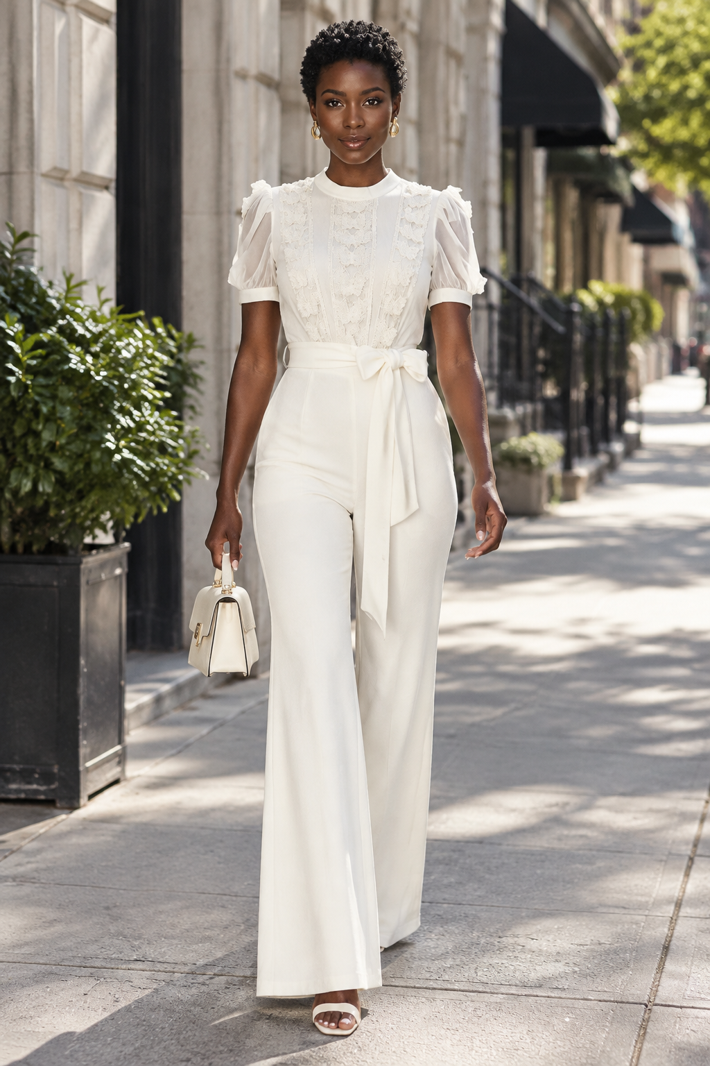 Black model walking on a city street