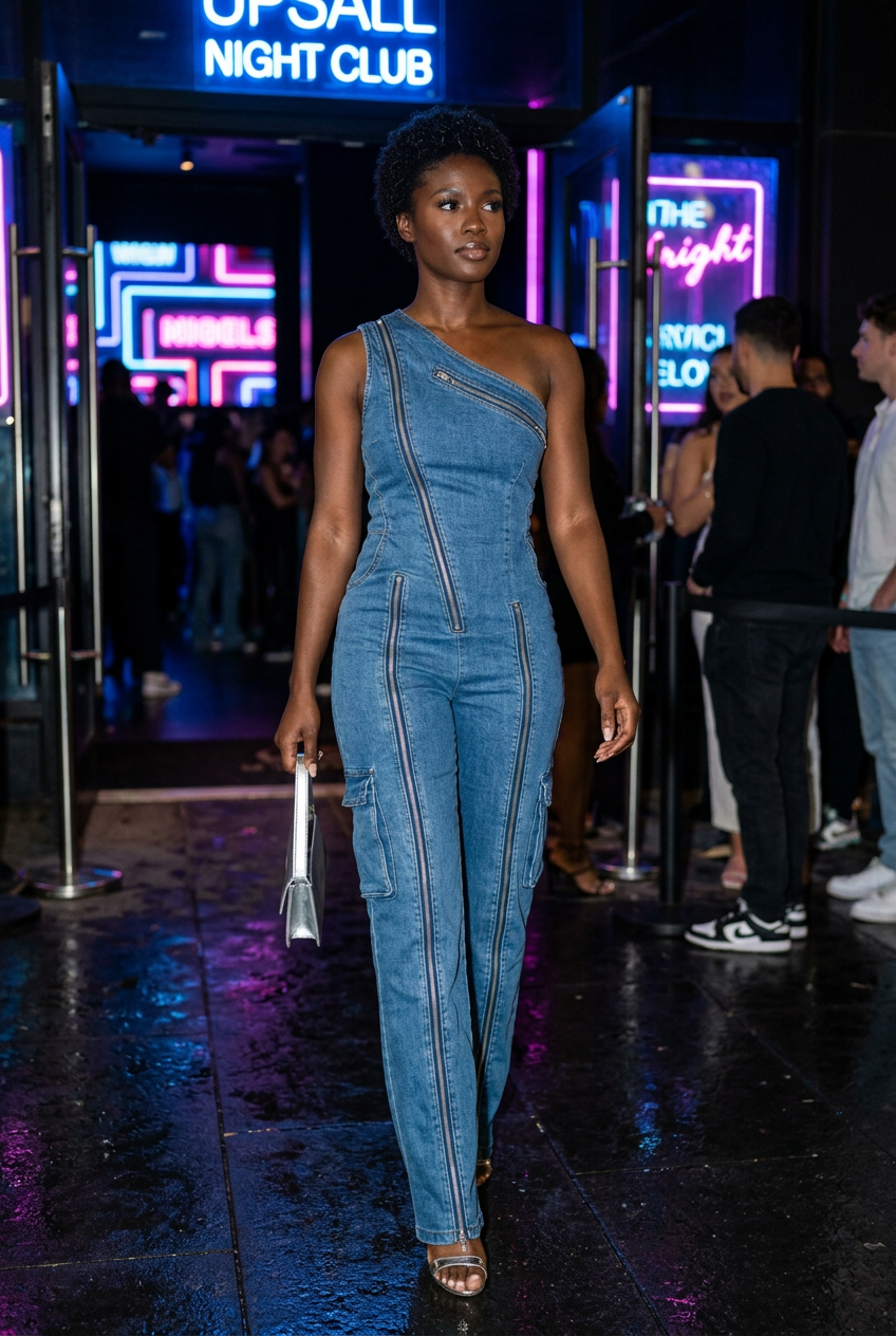 Black model walking toward a nightclub entrance