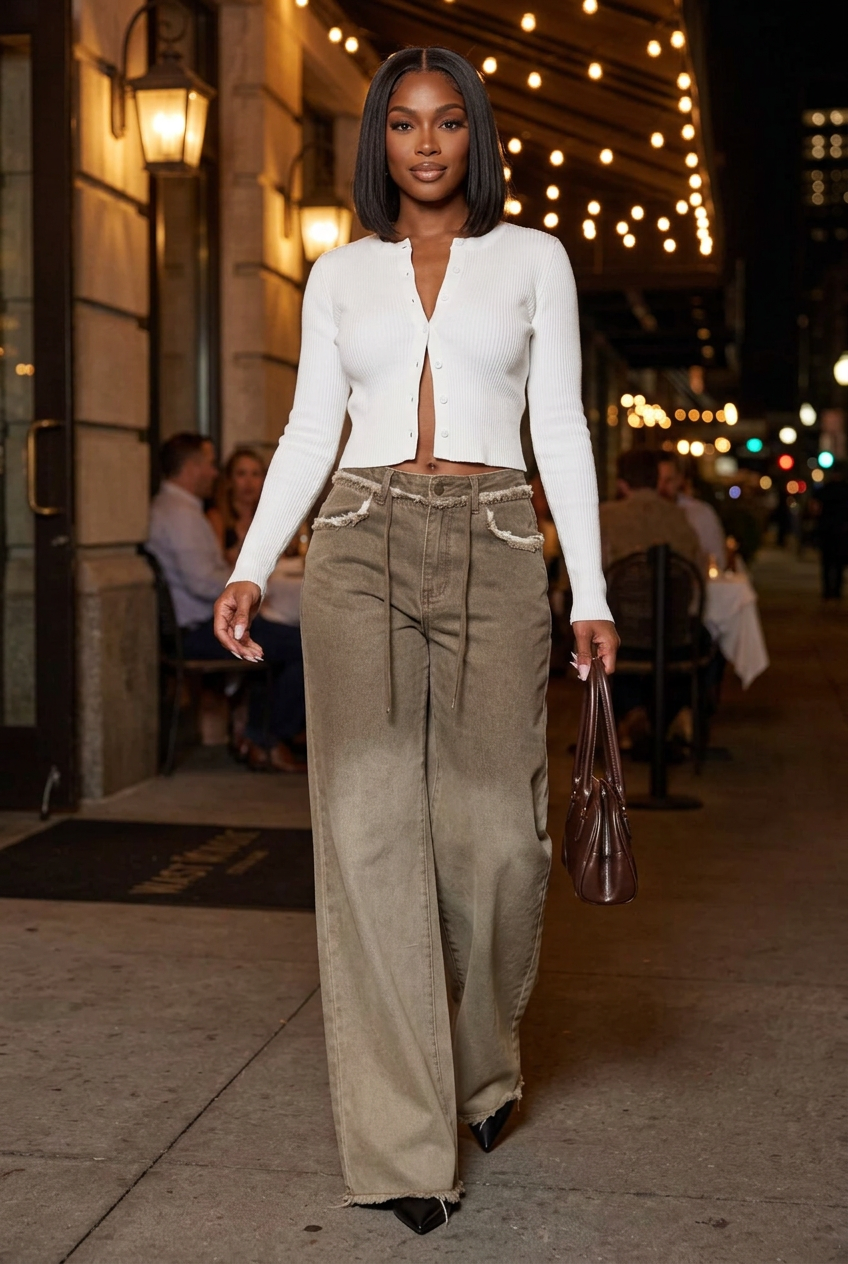 Black model wearing floor-length denim pants outside a restaurant at night