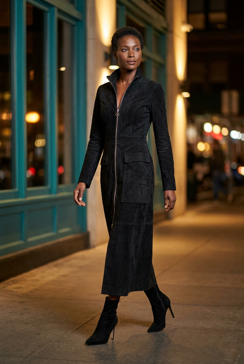 Black model wearing the black suede dress with stiletto ankle boots outside a cocktail lounge