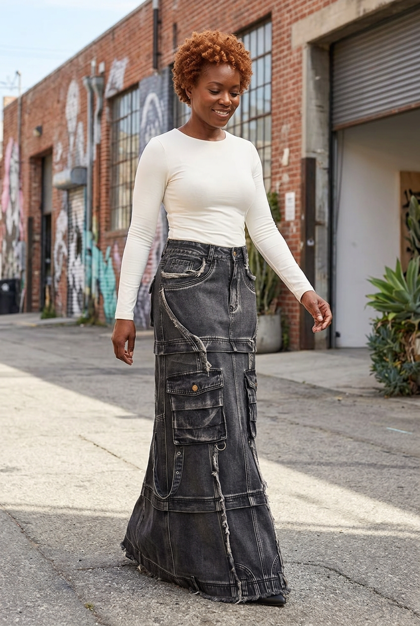 Black model wearing the cargo maxi skirt