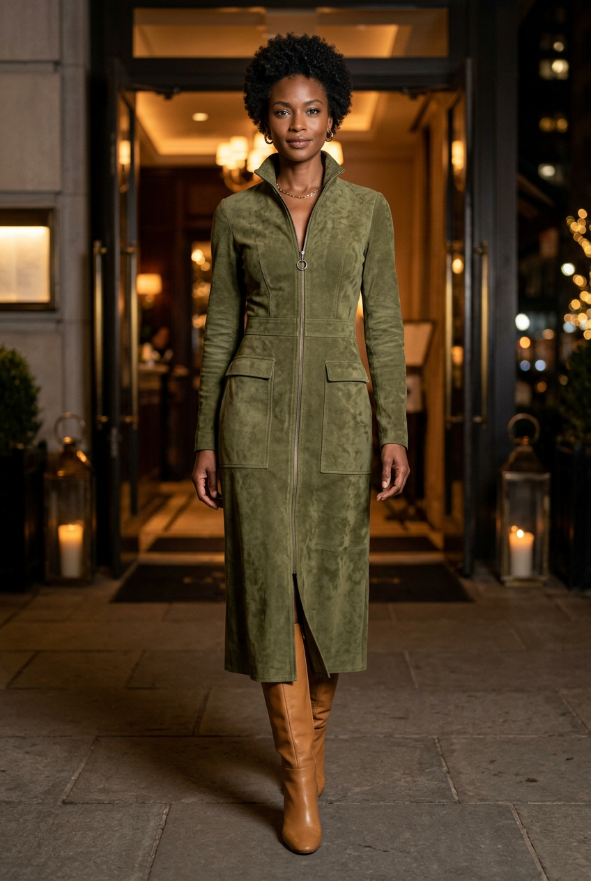 Black model wearing the olive suede dress with tan knee-high boots outside a restaurant