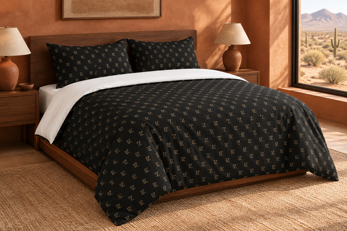 Black monogram bedding in a warm terracotta bedroom