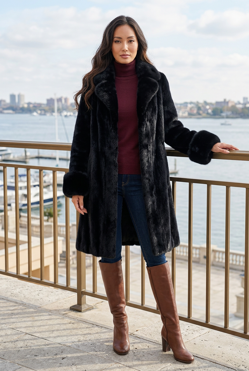 Black plush coat styled on a waterfront hotel terrace