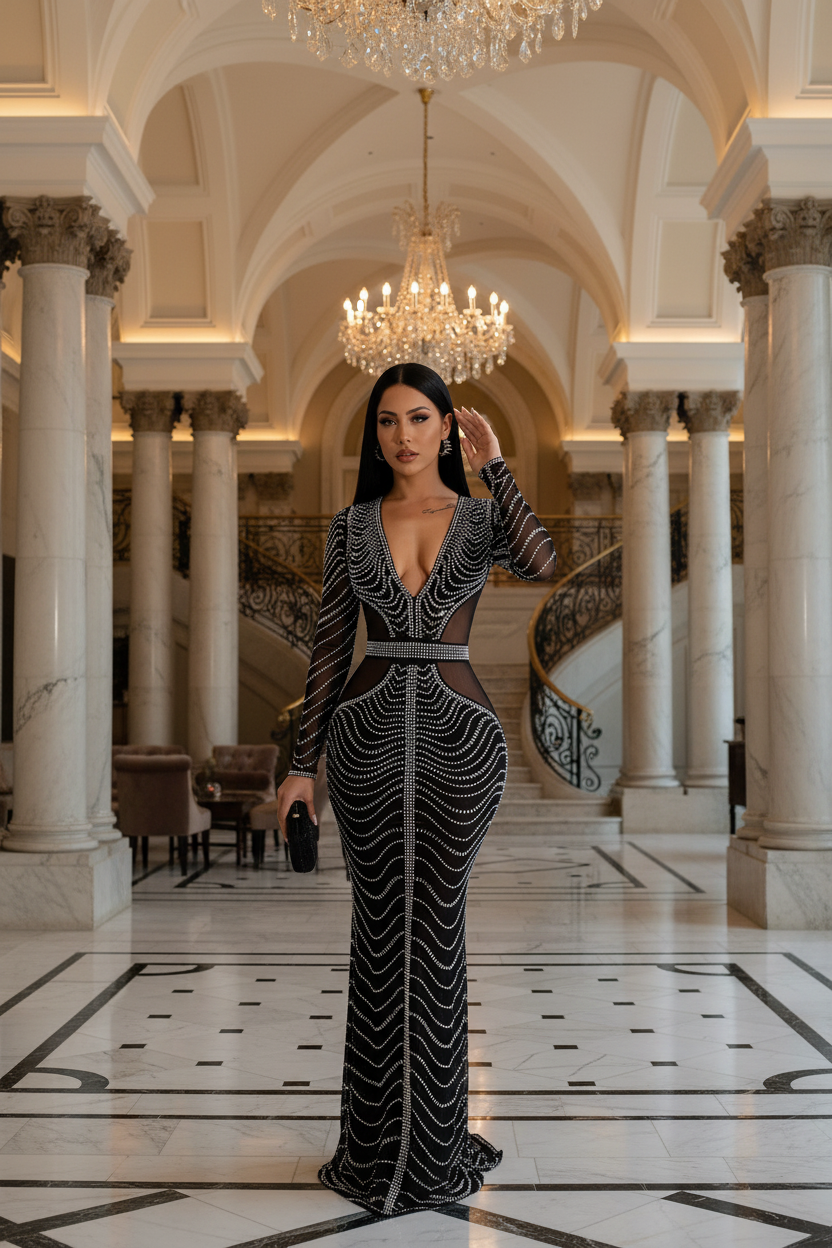 Black Rhinestone Gown - Hotel Lobby