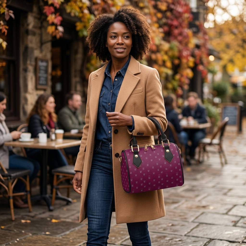 Black-trim handbag at an outdoor café