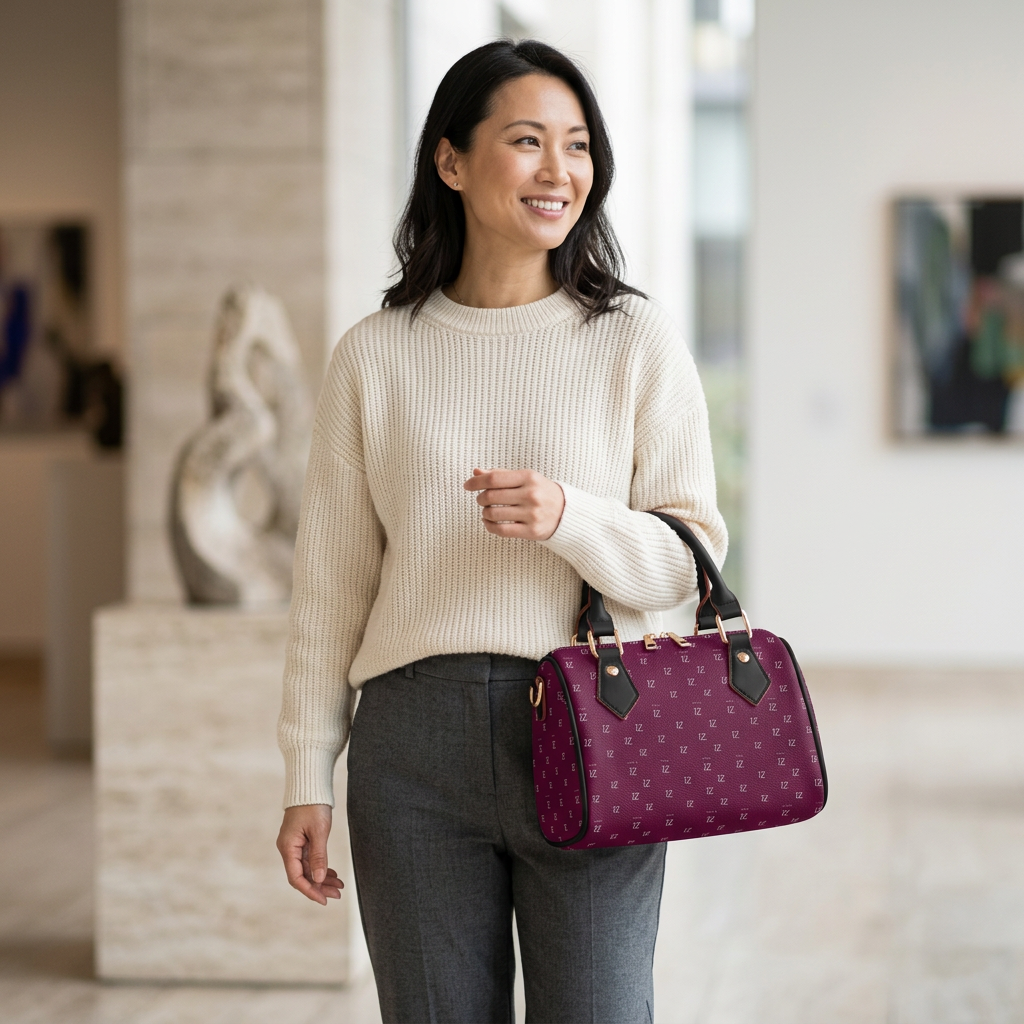 Black-trim handbag in an art gallery