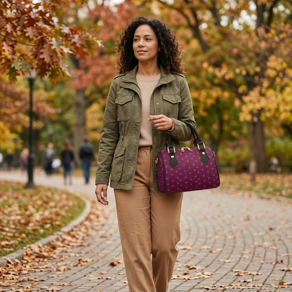 Black-trim handbag in an autumn park