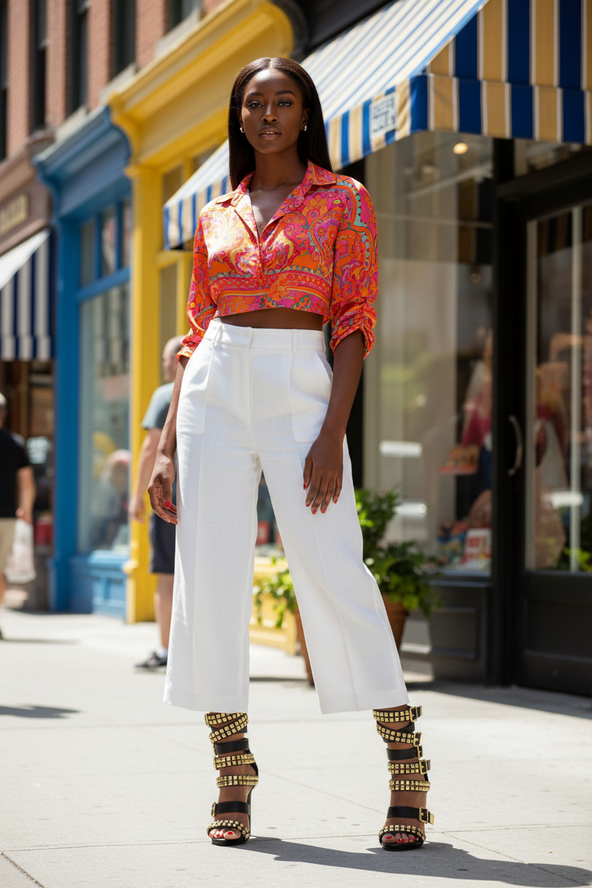 Black woman wearing black gold studded stiletto sandals on city sidewalk