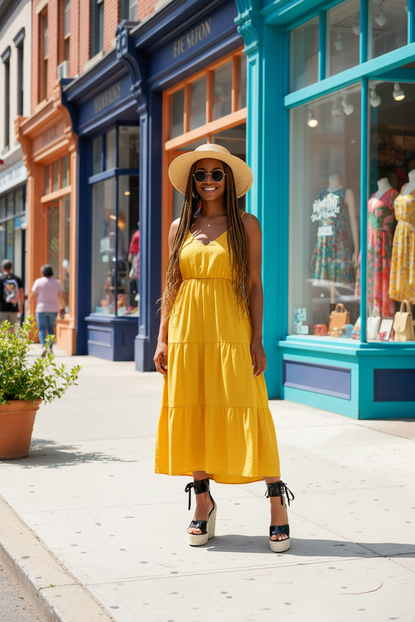 Black woman wearing black wedge sandals on city sidewalk