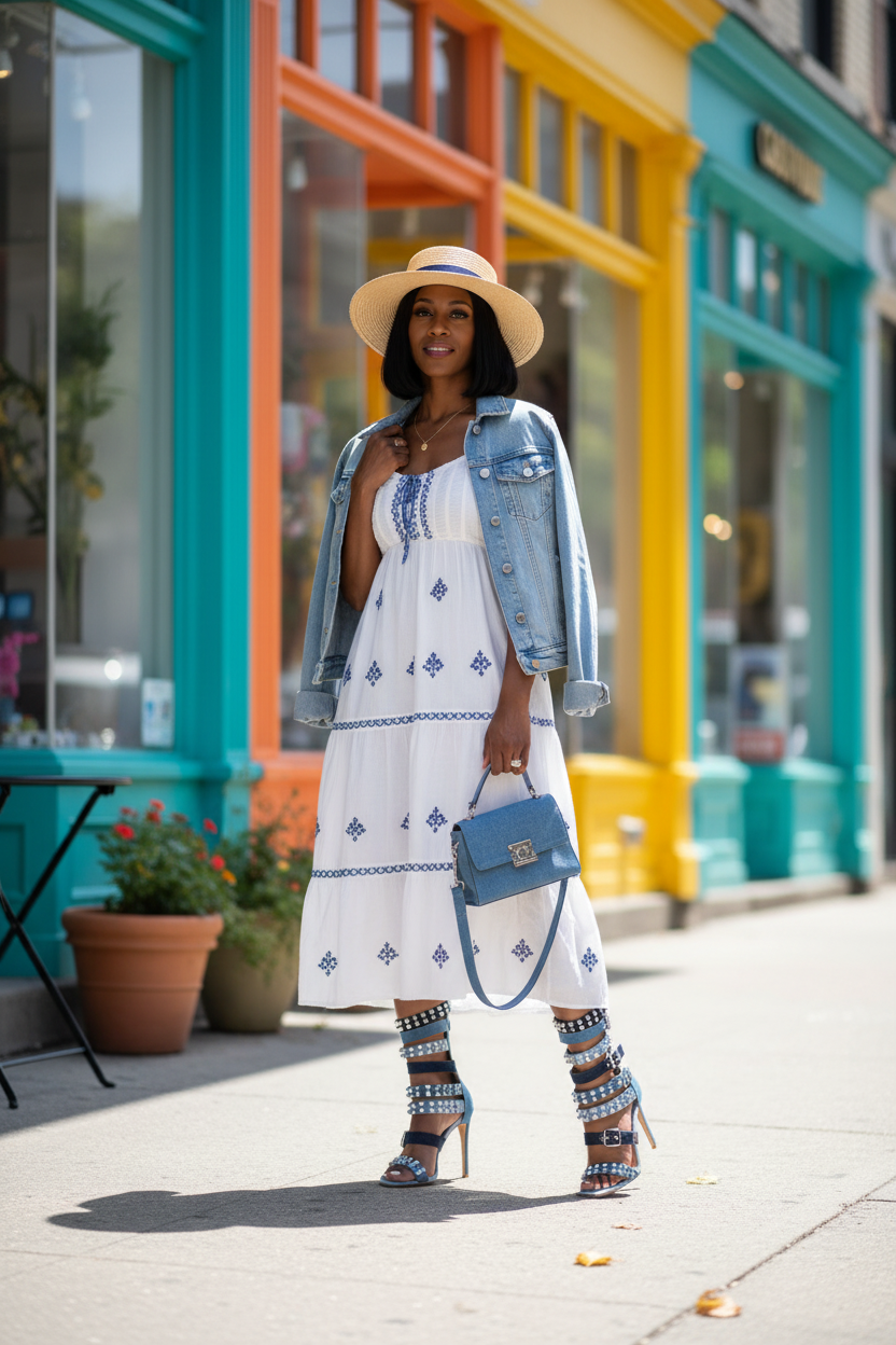 Black woman wearing blue studded stiletto sandals on city sidewalk