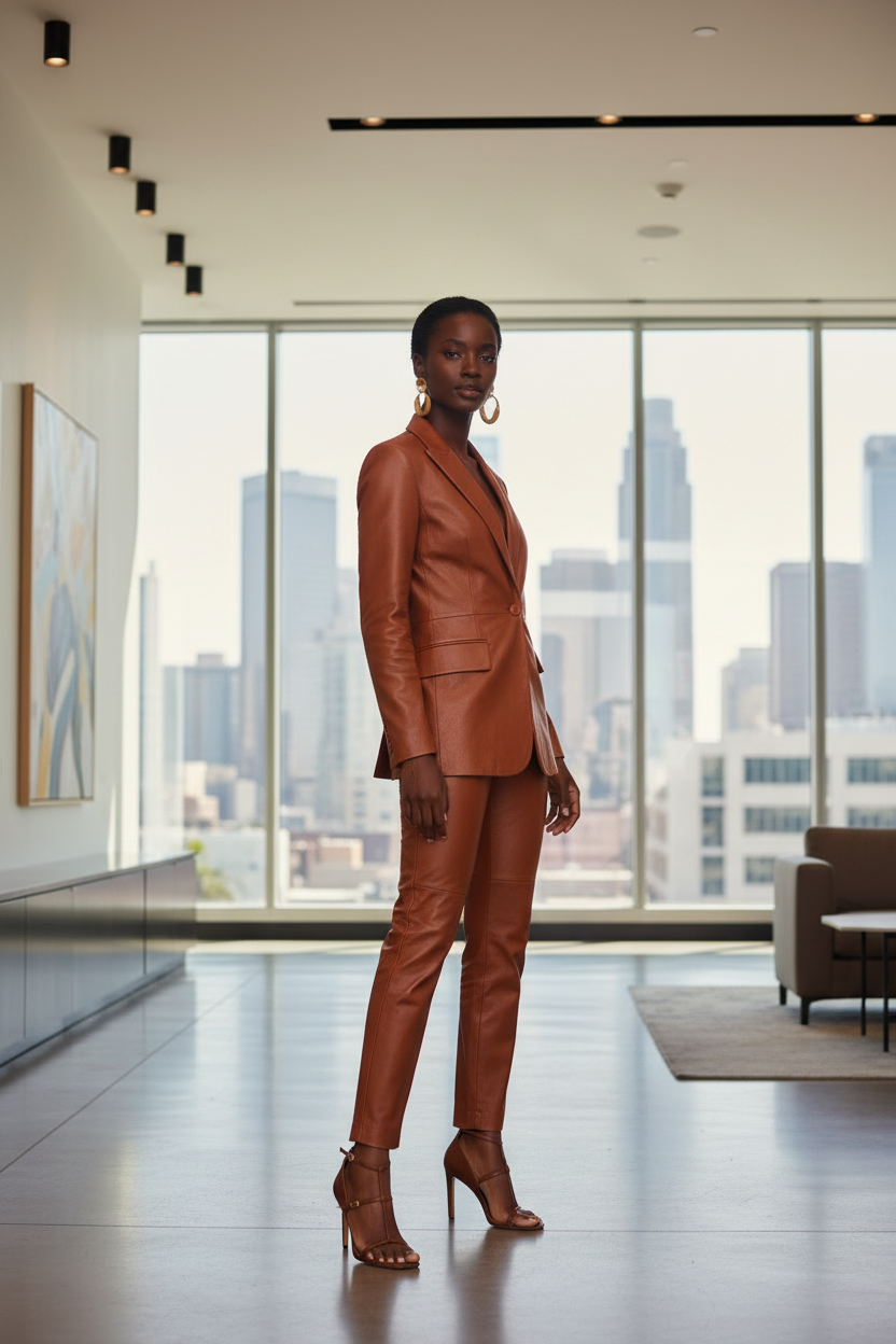 Black woman wearing cognac brown T-bar stiletto sandals in modern office lobby