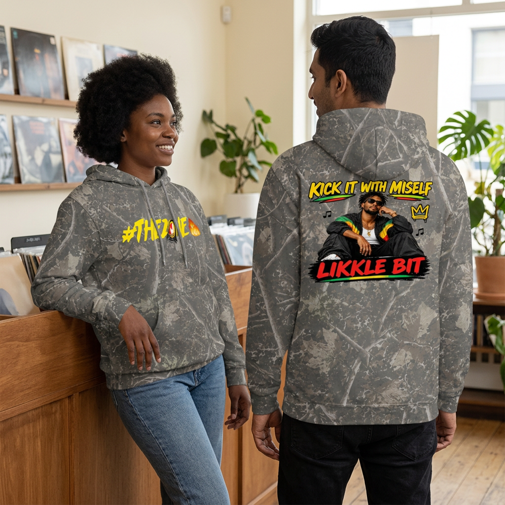Branch-pattern camo hoodie lifestyle image with woman showing the front and man showing the back inside a record-store lounge