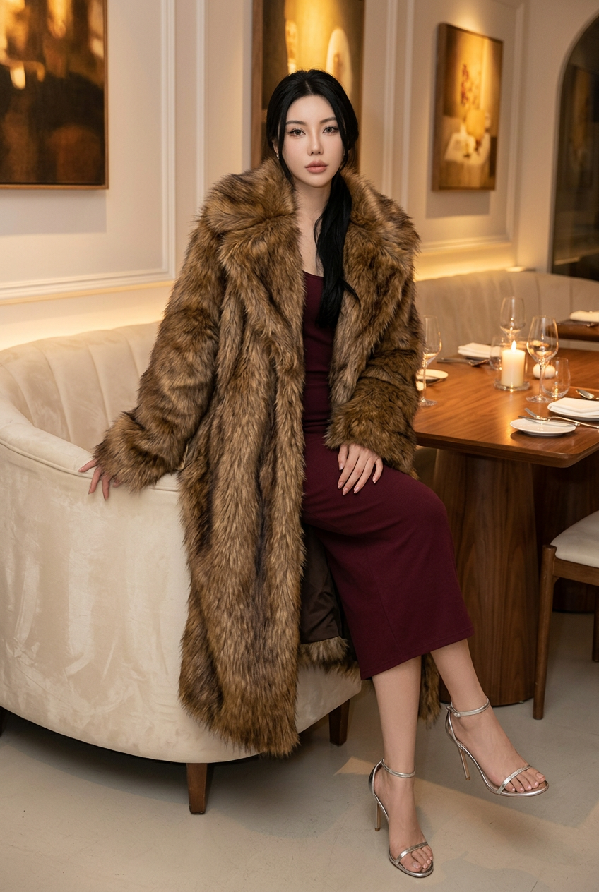Brown fur coat at an elegant dinner