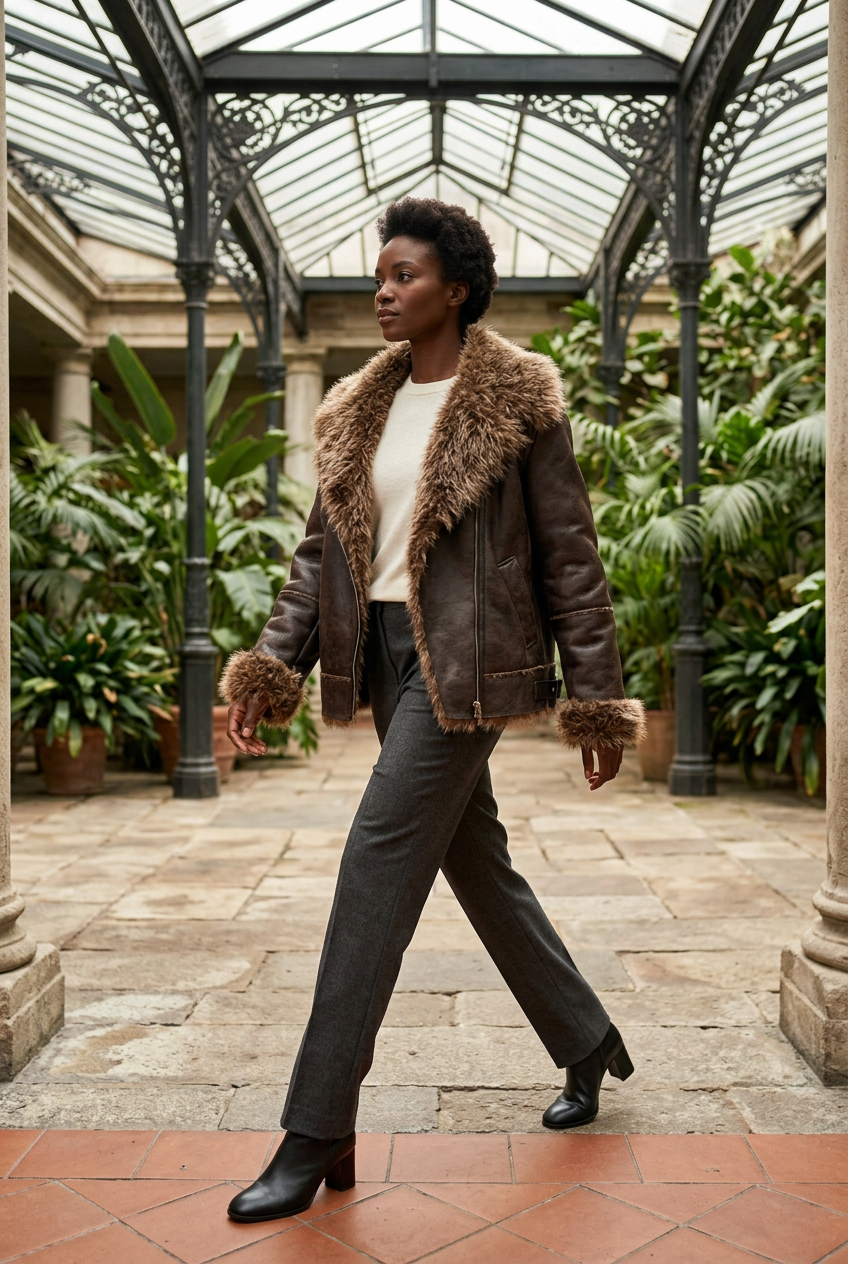 Brown shaggy-trim jacket styled in a botanical courtyard