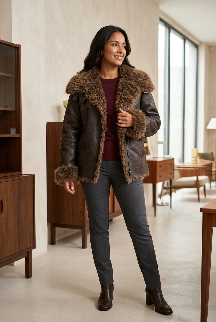 Brown shaggy-trim jacket styled in a vintage furniture showroom
